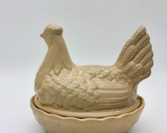 Vintage Moira Hen on Nest Egg Baker Crock – Textured Stoneware Farmhouse Decor