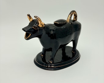 Antique Staffordshire Cow Creamer Black Jackfield Pottery Victorian Milk Jug with Lid 19th Century