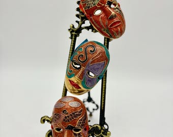 Vintage Cloisonne Brass Mini Opera Masks Set of 3 Chinese Enamel Wall Art Asian Face Decor Vintage Figurines