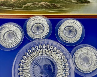 Vintage Diamond Cut Glass Dessert Bowl and Plate Set 9 Piece Clear Tableware