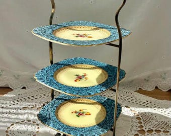 Art Deco Silver Plated Three Tier Cake Stand with George Jones Turquoise Plates