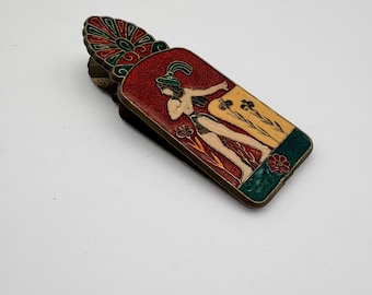Vintage Art Deco Enamel Brass Letter Clip Egyptian Scene Stationery Office Desk Accessory