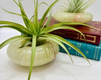 Set of 2 Green Onyx Ashtrays, Vintage Mid Century Marble Dish, Crystal Candle Holder, Small Trinket Bowl, Hexagon Squat Circular Stone Decor