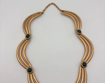 Monet Vintage Multi Strand Wave Collar Necklace Green Cabochon Statement