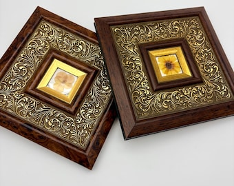 Vintage Pressed Flower Wall Art Pair, Wood Frame Brass Inlay, Yellow Pansy Botanical Panels 19x19cm