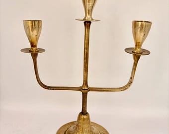Vintage Brass Candelabra 3 Arm Engraved Floral Detail 24cm