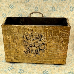 Vintage Brass Magazine Rack – 1960s Embossed Tavern Scene Decor