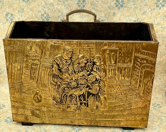 Vintage Brass Magazine Rack – 1960s Embossed Tavern Scene Decor