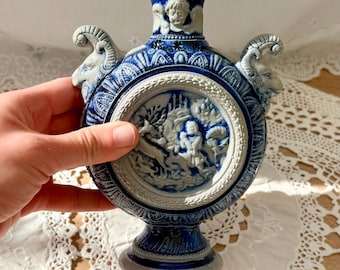 Vintage German Westerwald Salt Glazed Stoneware Flask Vase Ram Heads Blue White