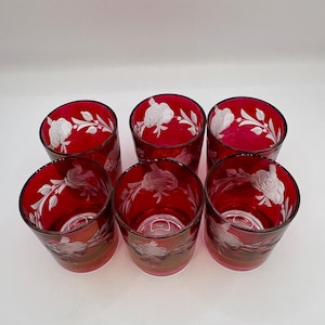 Set of 6 Vintage Cranberry Glasses Etched Floral – Made in France