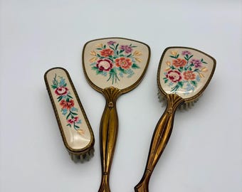 Vintage Brass Vanity Set Embroidered Mirror Hairbrush Clothes Brush Ornate Floral Dresser Decor