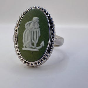 Vintage Wedgwood Sage Green Jasperware Cameo Ring | Sterling Silver