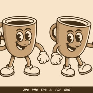 May include: Two cartoon coffee cups with smiling faces, arms, legs, and white gloves and shoes. One cup waves, and the other gives a thumbs-up. The cups are brown with dark brown coffee inside, set against a beige background.