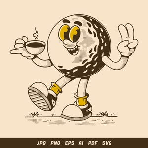 Happy golf character holding a coffee cup
