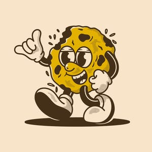 May include: A cartoon illustration of a smiling chocolate chip cookie with googly eyes, wearing brown shoes and walking with one arm raised in a 'hang loose' gesture.