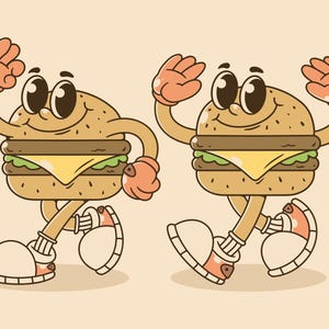 Full retro colors of two burger mascot character with happy face