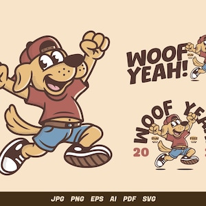 Peut inclure: Illustration de dessin animé d'un chien portant un t-shirt rouge, un short bleu et une casquette de baseball, sautant avec enthousiasme. L'image comprend le texte "WOOF YEAH!" et des graphiques plus petits avec les mots "RUN" et "FREE".