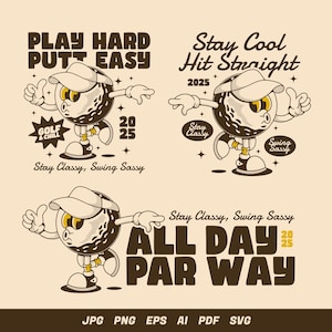 Vintage Golf Character Clipart - Play Hard Putt Easy Quote Design for Print & Merch