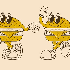 May include: Two cartoon illustrations of a yellow hamburger with a smiling face, wearing trainers and walking. One hamburger is waving with its right arm, while the other is holding its left arm out.