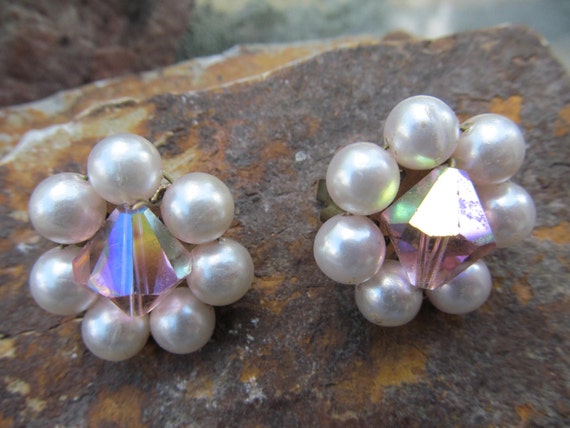 Vintage Pink AB Bicone Bead Faux Pearl Earrings b… - image 3