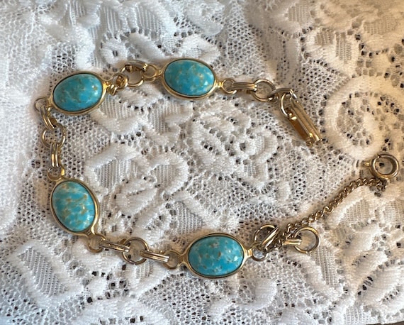 Mottled Art Glass Turquoise Cabochon Vintage Brac… - image 1