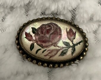 Intaglio Mother Of Pearl Rose Under Glass Victorian Brooch C-clasp wedding bridal prom mother of bride groom