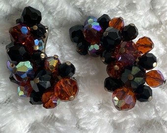 Vintage Beaded Crystal Jet Black and Topaz Beads Crescent Earrings mother of bride pageant prom moon