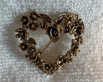 Antiqued Gold Floral Heart Brooch Convertible To Pendant Singed NW love heart floral rose flowers
