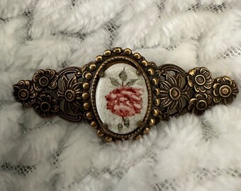 Ornate Brass Floral Brooch Ceramic Cabochon Hand Painted Rose pin vintage costume jewelry