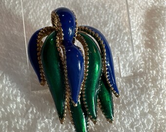 Vintage Ciner Green Blue Brooch Convertible to Pendant pin Mardi Gras unisex mens womens