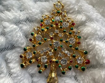 Vintage Rhinestone Christmas Tree Brooch Pin Red Green Enamel holiday party office