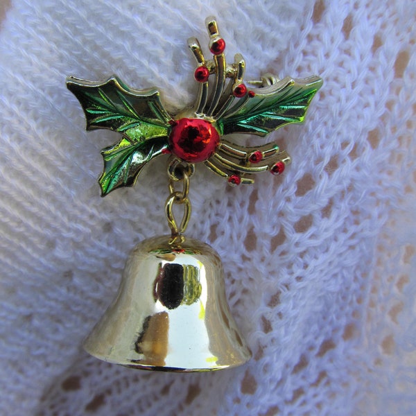 Vintage Holly and Berries Brooch With Bell Dangle Christmas holiday party