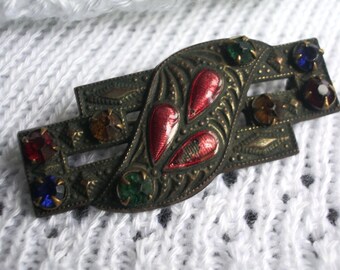 Antique Victorian C Clasp Rhinestone Enamel Pin brooch vintage costume jewelry jewellery