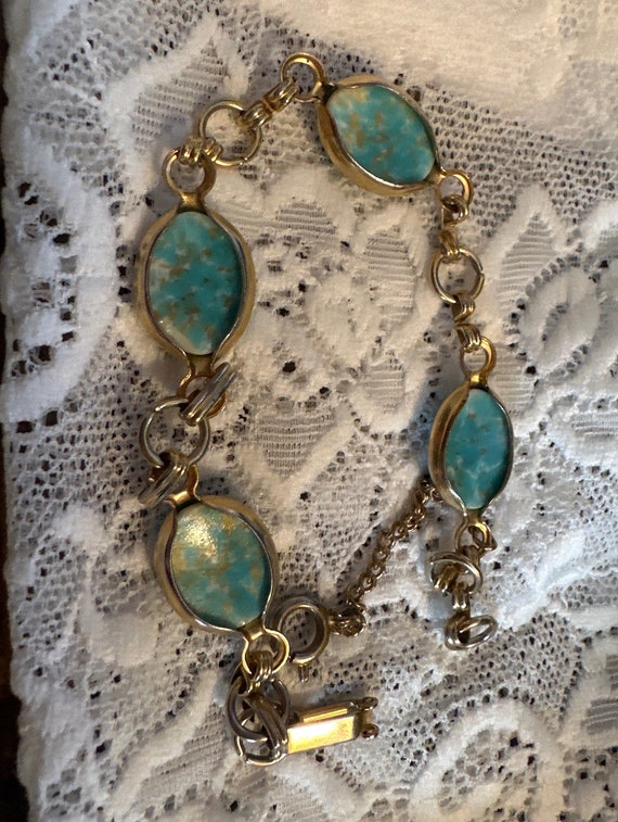 Mottled Art Glass Turquoise Cabochon Vintage Brac… - image 2