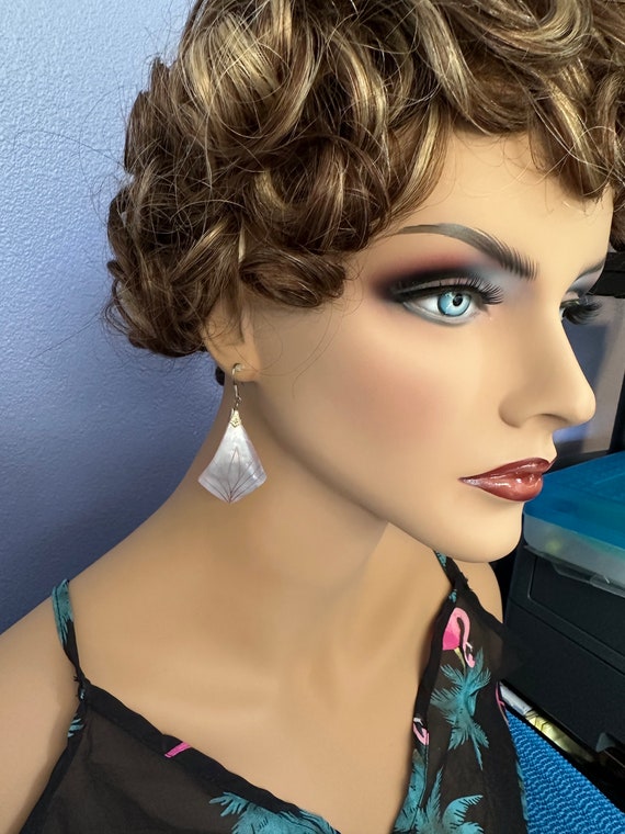 Artisan Etched Shell Diamond Shape Drop Earrings … - image 1