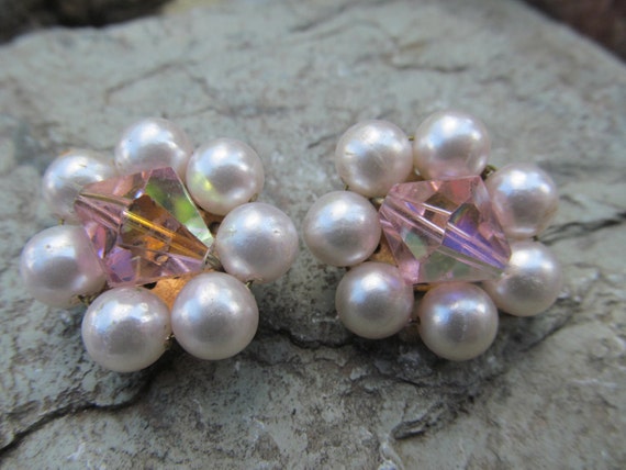 Vintage Pink AB Bicone Bead Faux Pearl Earrings b… - image 1