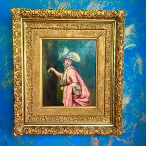Pintura al óleo romántica de la escuela inglesa: La carta de amor oculta, circa 1800-1850, marco antiguo dorado, envío gratuito a Europa, regalo para el Día del Padre.