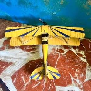 Large Vintage Metal Biplane Model-Handmade Yellow&Black Decorative Airplane-Retro Aviation Display Piece-48 cm Wide Aircraft Sculpture