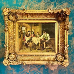 Peinture à l'huile sur panneau rustique ornée par « T.Martine » - 65 x 80 cm scène d'intérieur antique britannique/irlandaise dans un cadre doré-cadeau d'anniversaire-livraison gratuite dans l'UE