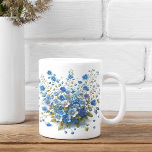 Blue Blossoms Bouquet Mug - Elegant Floral Art 11 oz White Ceramic Cup, Blue Flowers Mug, Blue Floral Coffee Mug, Flower-themed Coffee Cup