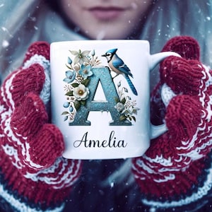 Blue Jay Christmas Mug Custom Name, Personalized Bird Coffee Cup for Birdwatcher, Birdwatching Gift for Xmas, Bird Lover Festive Tea Cup