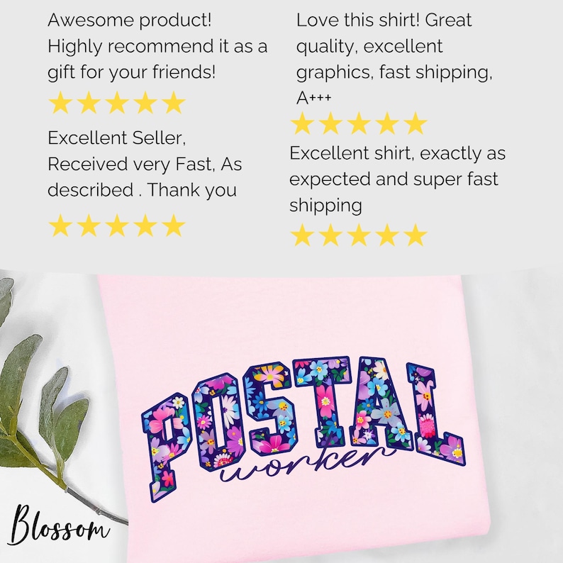 May include: A pale pink t-shirt featuring the words "POSTAL worker" in a floral design. The word "POSTAL" is in bold, block letters, and "worker" is in a smaller, cursive font. The shirt has positive customer reviews.