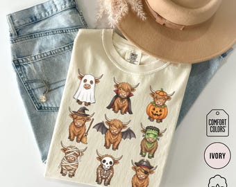 Highland Cow Halloween Shirt Comfort Colors Funny Spooky Season Witch Ghost Pumpkin Tee Cute Fall Farm Animal Lover Gift Outfit