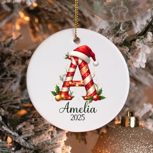 Candy Cane Christmas Ornament with Personalized Name, Custom Letter Xmas Ornament, Holiday Family Ornament, Initial Ceramic Tree Ornament