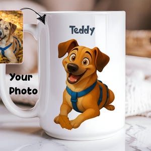 Custom Pet Photo Mug, Personalized Dog or Cat Face Image Coffee Cup for Pet Parent, Lover Dog Owner Mug, Animal Art with Name Cartoon Image
