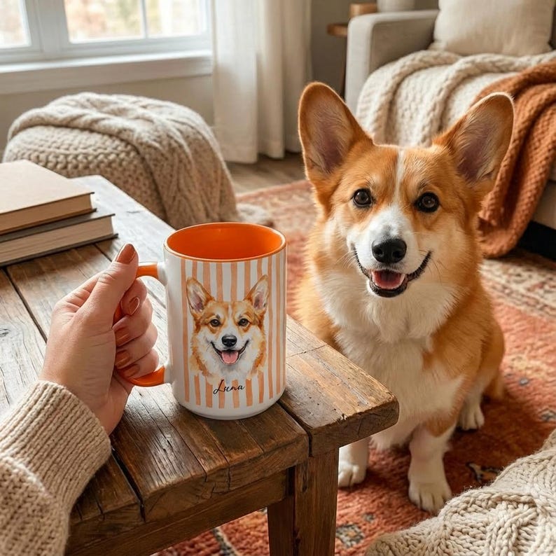 May include: A white ceramic mug with an orange interior and handle, featuring a portrait of a Corgi dog and vertical orange stripes. The mug is held on a wooden table next to a smiling Corgi dog.