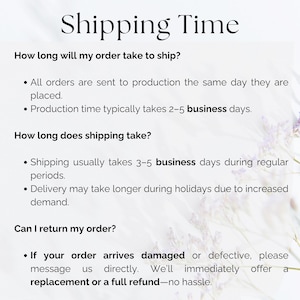 May include: Image with the title "Shipping Time" and details about order processing, shipping times, and returns. Information includes production time, shipping duration, and the return policy for damaged or defective items.