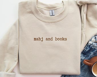 Mahjong and Books Sweatshirt Minimalist Mahj Crewneck Reader Mah Jong Sweater for Players & Gamers, Mahj Game Night Unisex Apparel