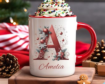 Personalized Christmas Mug Custom Name, Xmas Gift for Coworker, Initial Coffee Cup for Friends, Holiday 2025 Mug with Letter Hot Cocoa Mug