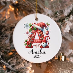 Monogram Christmas Ornament with Personalized Name, Custom Letter Xmas Ornament, Holiday Family Ornament, Initial Ceramic Ornament for Tree